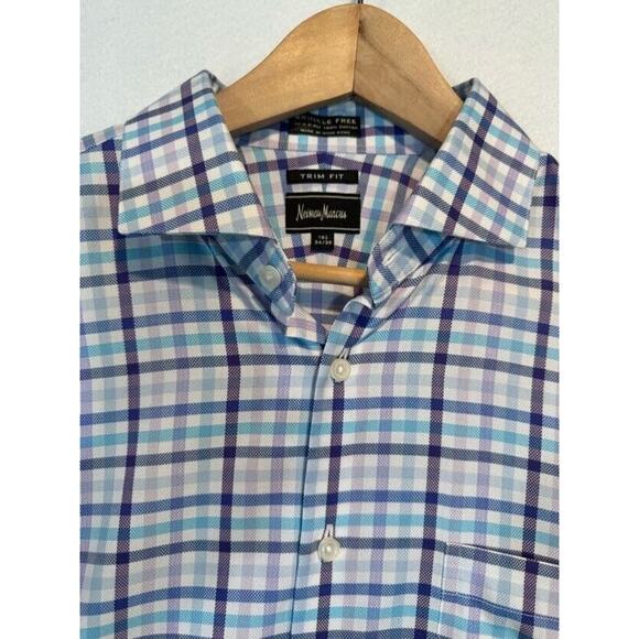 Neiman Marcus Mens Large Blue Plaid Trim Fit Cotton Button Up Shirt 16.5 34/35 - Picture 4 of 14